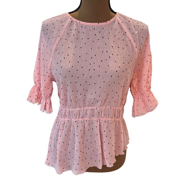 After Market Tops - After Market Pink & Black Polka Dot Short Sleeve Peplum Crew Neck Blouse - NWT